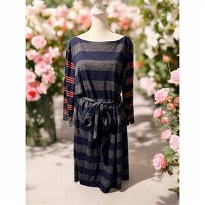 LOFT Dress Womens XL Navy Gray Striped Knit Long Sleeve Knee Self-Tie Belt